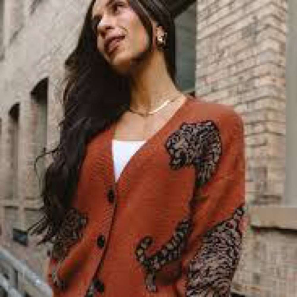 Rust Tiger-Intarsia V-Neck Button Cardigan Sweater